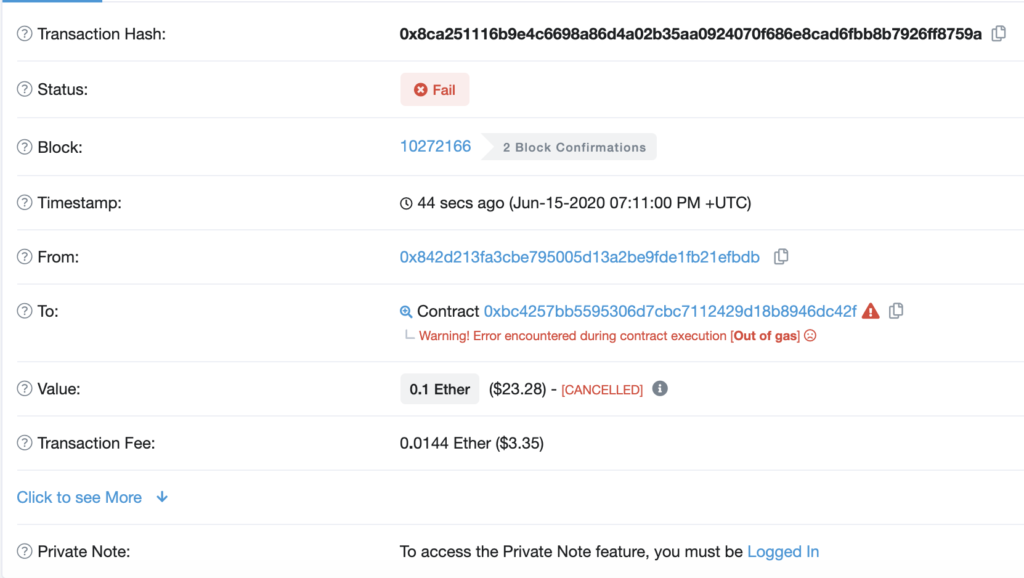 Etherscan out of gas error Ethereum